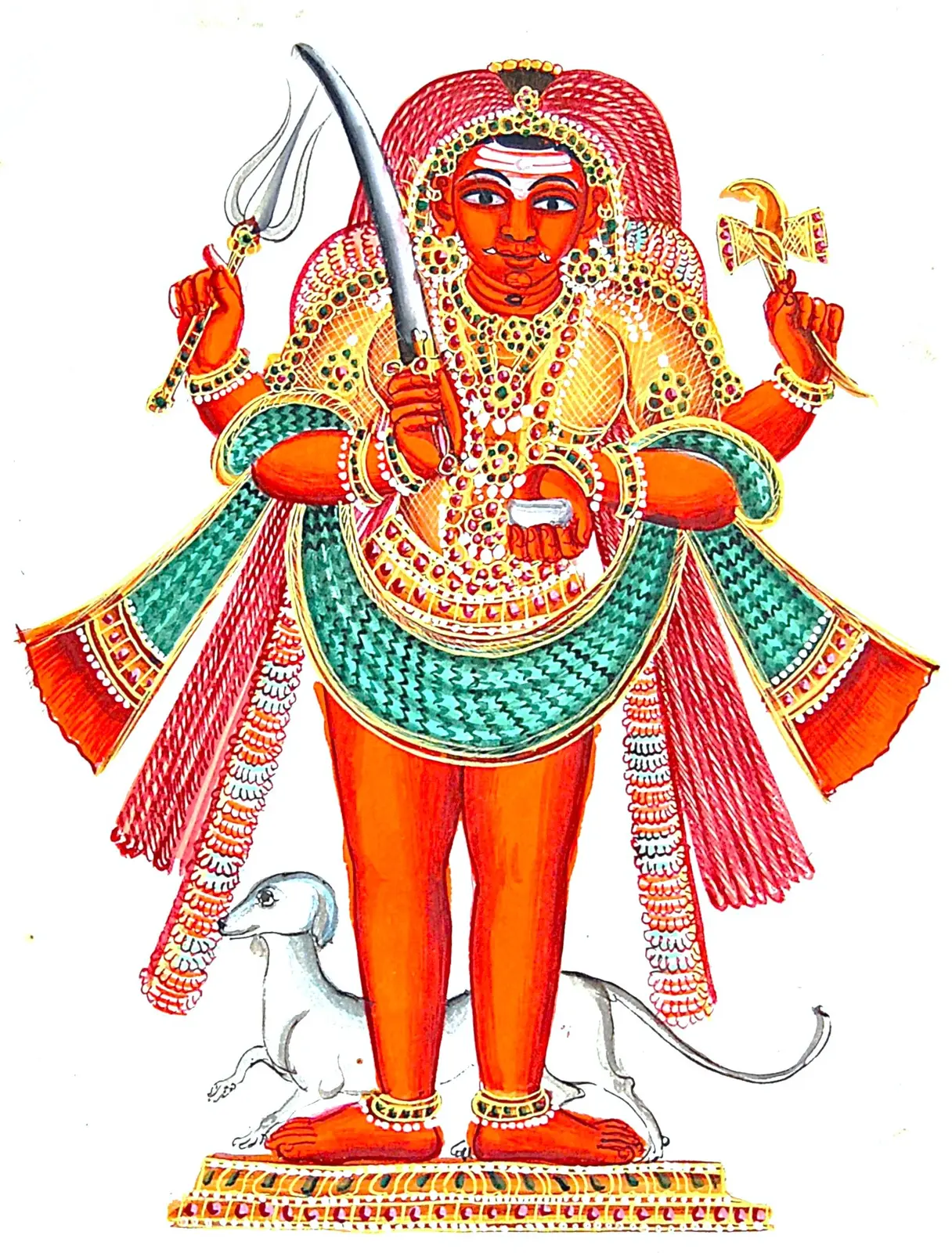 त्रिशूल, डमरू, खड्ग और कपाल लिए भैरव, पीछे उनका श्वान। काग़ज़ पर गौश चित्र, लगभग 1830। यह देवता का चित्र है, काशी के मंदिर का विग्रह नहीं