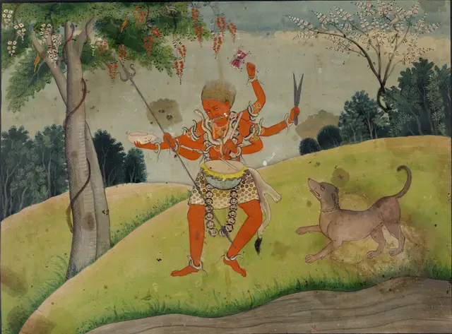 श्वान के साथ भैरव रूप में शिव। काग़ज़ पर पहाड़ी शैली का चित्र, 19वीं सदी