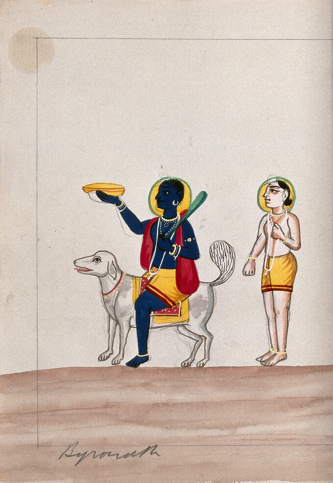 दंड लिए श्वान पर विराजमान भैरव, साथ में एक भक्त। गौश चित्र, 19वीं सदी